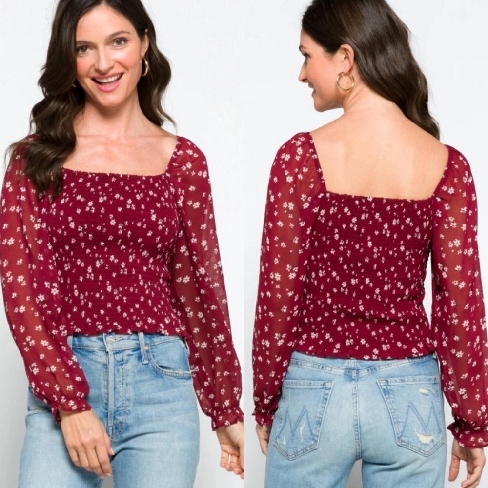 Lush reyna ditzy floral smocked top on burgundy floral